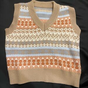 Womens Beige Fair Isle V-Neck Knit Tank Top